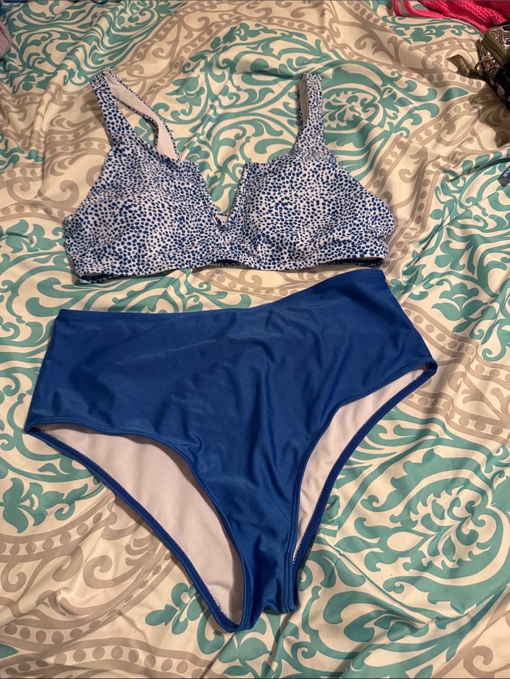 Blue Two-Piece Bikini Set - Speckled Top & Solid High-Waist Bottom